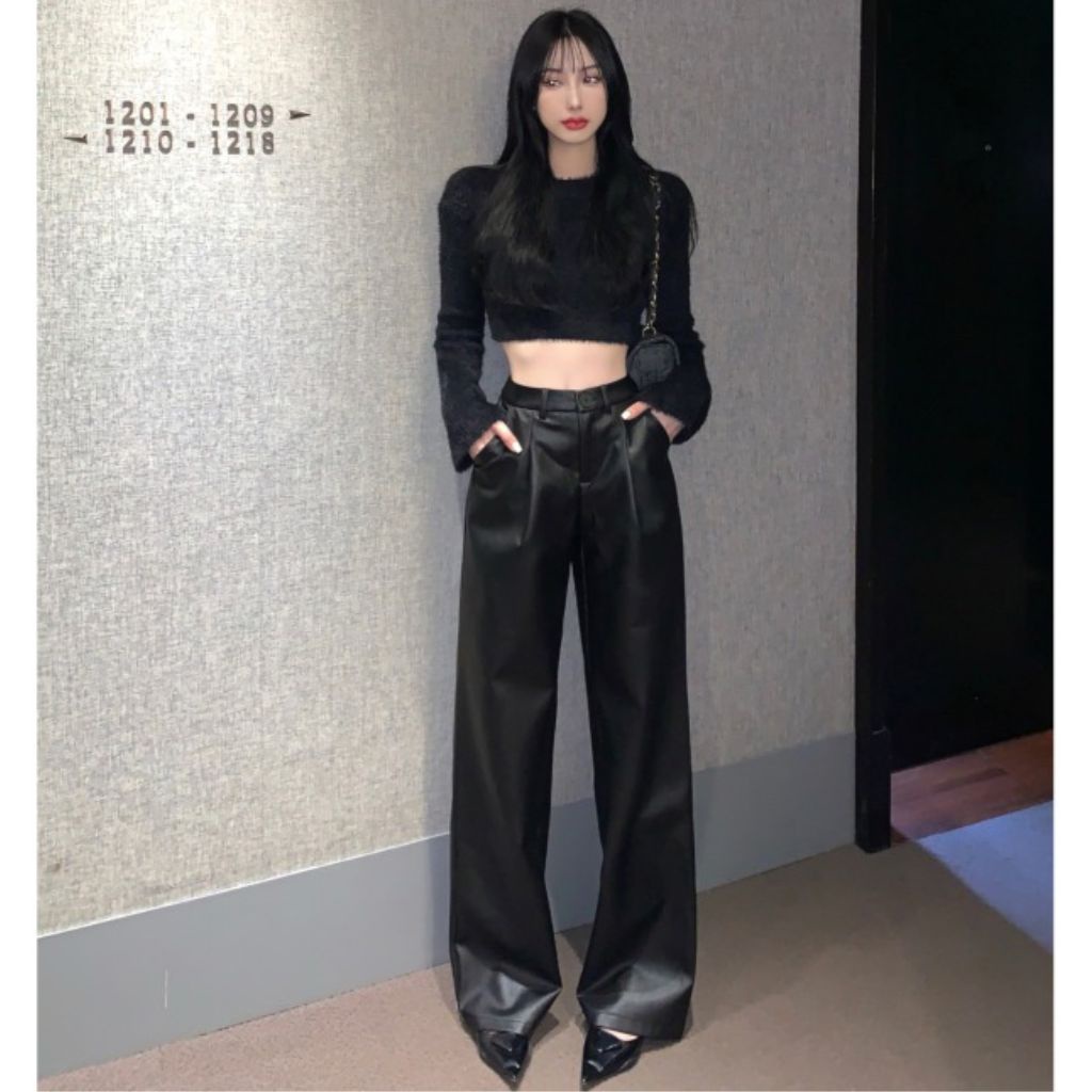 Sét áo len croptop dài tay + Quần da nữ màu đen hàng order Taobao nhà Oanh Dilys