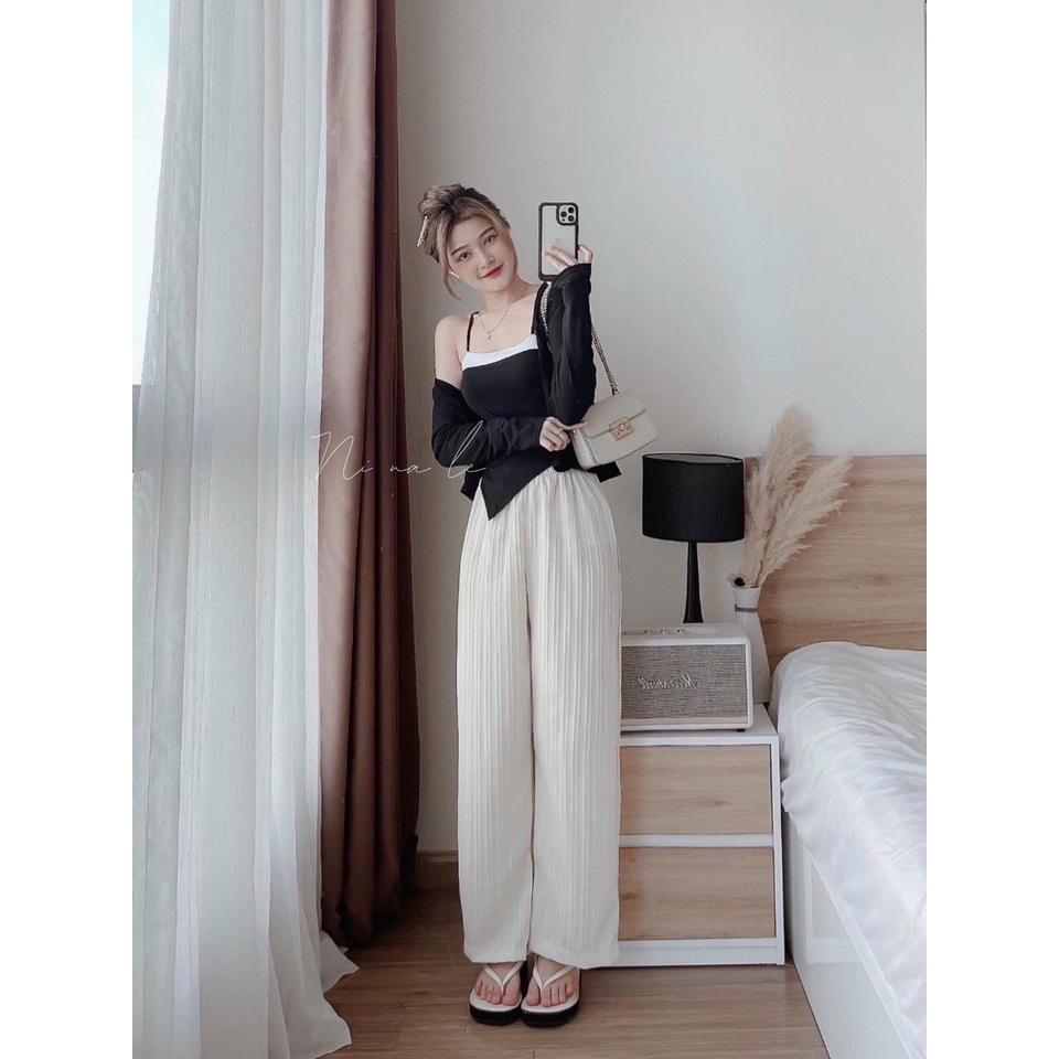 [12/12 Sale Freeship] Set bộ ba món thời trang nữ,set bộ áo hai dây đuôi chéo kèm áo khoác dài tay mix quần dài mtb