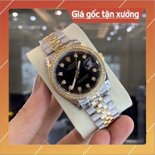 Đồng hồ nam rolex dayjust sapphire ra25 mặt đen viền đá máy cơ automatic nhật