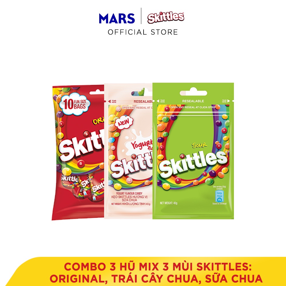 Combo 3 Hũ Mix 3 mùi Skittles: Original, Trái cây chua, Sữa chua