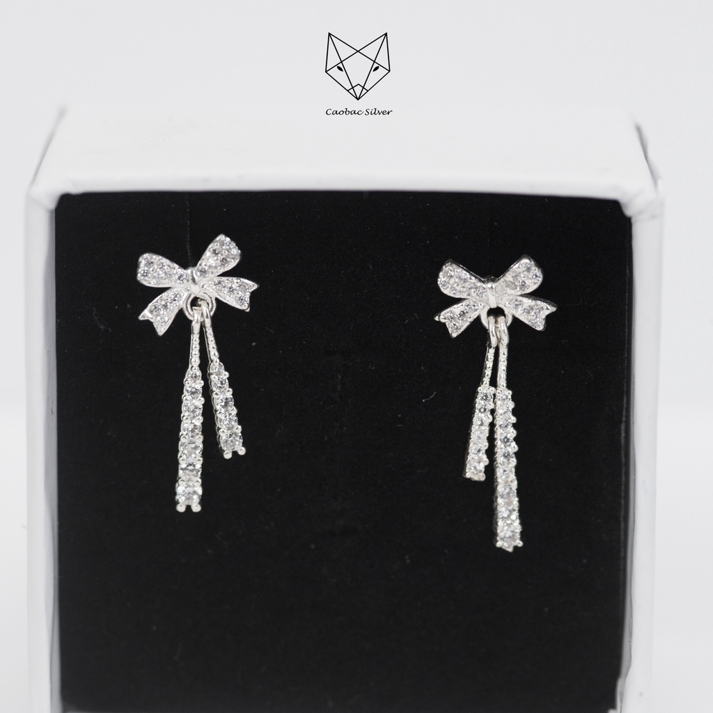 Khuyên Tai Bạc Ta Nữ CaoBac Silver Hình Nơ Sợi Đá Dài Đá Ngắn Đính Đá Lấp Lánh Xinh Xắn, Dễ Thương Món Quà Cho Bạn Nữ