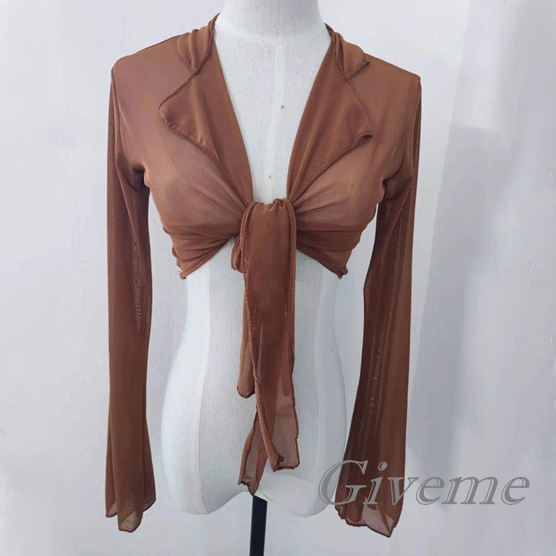 Áo Thun Crop Top Lưới Tay Dài Xuyên Thấu Màu Trơn Thời Trang Đường Phố Dành Cho Nữ