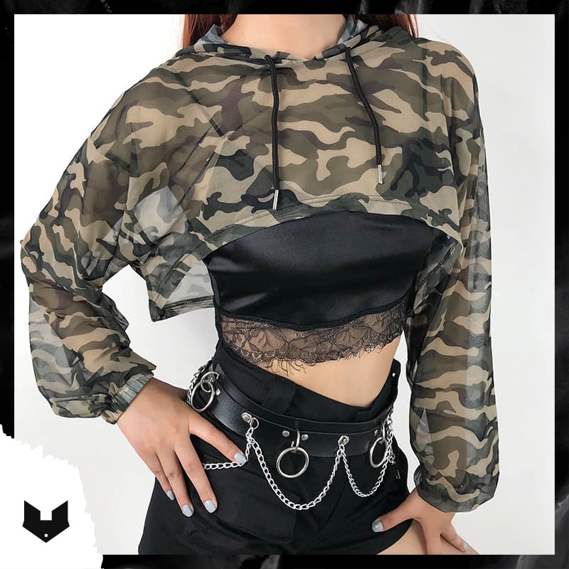 ÁO CROPTOP DÀI TAY REN LƯỚI CAMO CÓ MŨ, O TẬP NHẢY DANCE