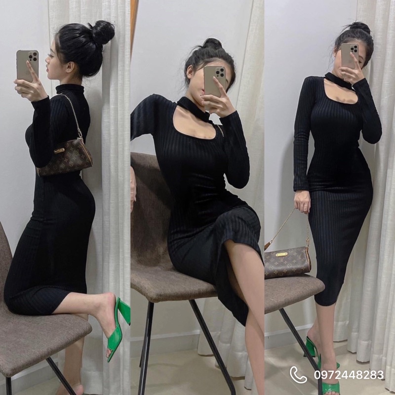 Đầm body cổ lọ hở ngực ( chất thun gân)