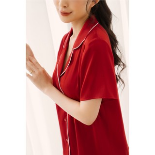 Bộ Pijama Lụa Đỏ Phối Voan Trắng Basic LPN28