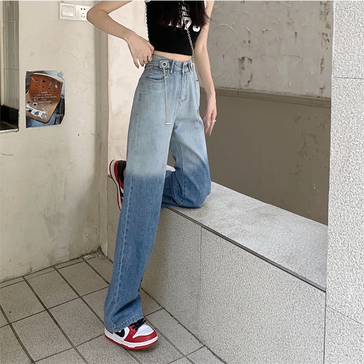 Quần jean SUXI ống dài rộng dáng suông lưng cao màu gradient kiểu Hàn Quốc thời trang mùa thu cho nữ