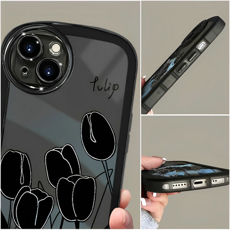 OPPO A78 A77S A57 2022 4G A16K A16E A16S A74 A95 A54 A52 A72 A92 A15 A15S A53 A33 2020 A16 A93 A95 A94 5G A9 A5 A7 A5S A12 A3S F11 Pro F9 Black Tulip Flowers Oval Airbag Shockproof Clear Soft Phone Case With Love Lanyard Back Cover DYJ 27