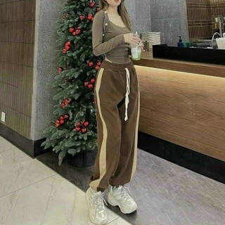 Quần jogger nhung tăm bo gấu cạp chun viền phối sọc sườn, quần len tăm cạp cao bo chun viền sọc loại 1_Q006