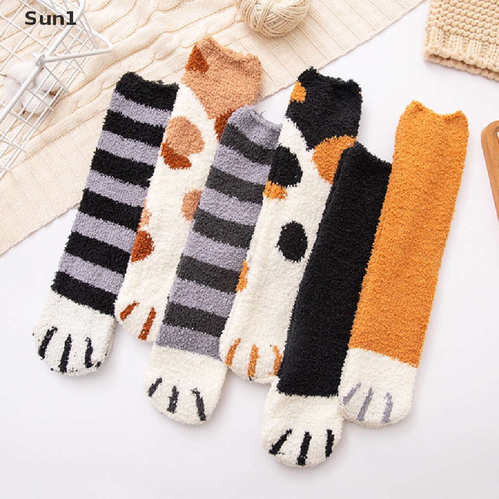 Vớ Lông Cừu San Hô Dày Ấm Áp Mềm Mại Hình Chân Mèo Dễ Thương Cho Nữ