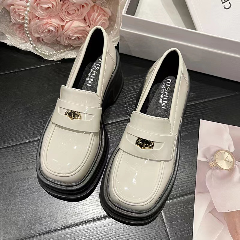 Giày Lười Da Đế Dày 4CM Mũi Vuông Màu Trắng / Đen Phong Cách Nhật Bản Thời Trang 2022 Cho Nữ