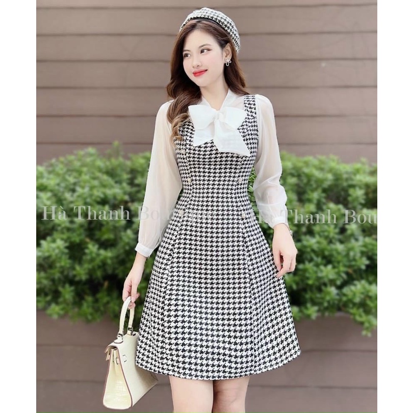 Váy đầm nữ thanh lịch áo tay voan phối nơ cực xinh họa tiết dáng xòe kẻ karo đính nút quý phái dự tiệc