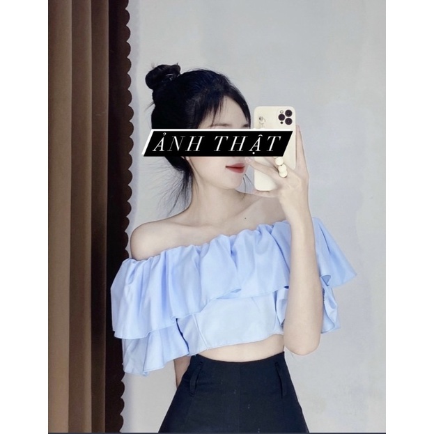 Áo Kiểu Trễ Vai Xanh Tay Ngắn Bèo Dáng Croptop Dún Lưng Co Dãn Kèm Ảnh Thật
