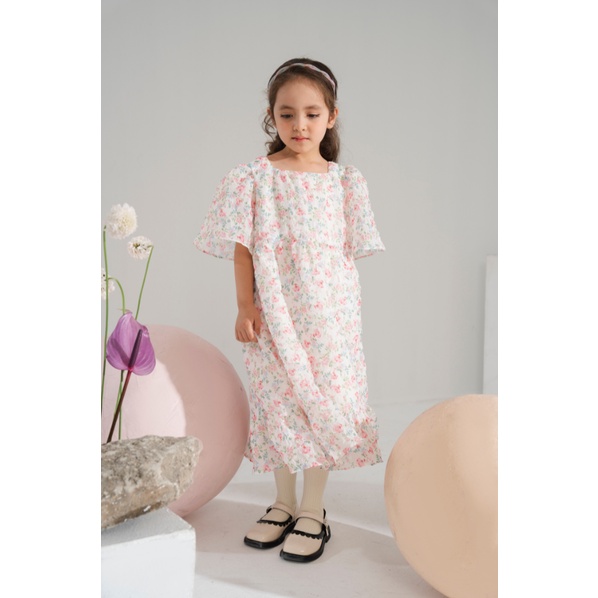 Đầm bé gái thiết kế CRABIE Voan tơ cổ vuông tay rơi - Elise Dress - Hoa nhí Hồng