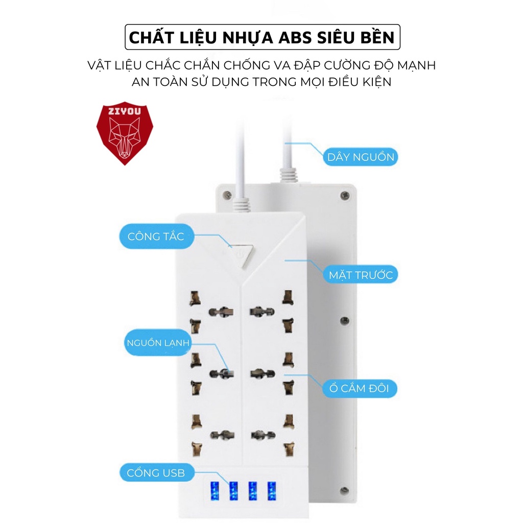 Ổ Cắm Điện Đa Năng Thông Minh Ziyou Chịu Tải 2500W, Có Cổng USB 5V Sạc Nhanh, Vật Liệu Nhựa ABS Chống Cháy Nổ Dây 2,5M