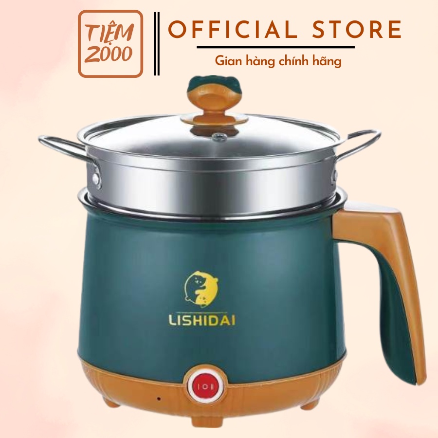 Nồi lẩu mini đa năng, ca nấu mì 18cm 2 nấc nhiệt kèm giá hấp, đế chống dính, chiên xào, hấp, luộc, ăn lẩu tiện dụng