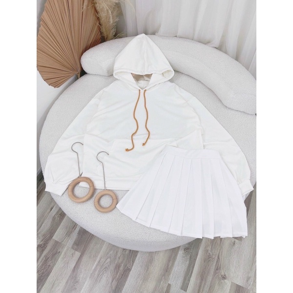 Set áo hoodie trơn + chân váy tennis trắng