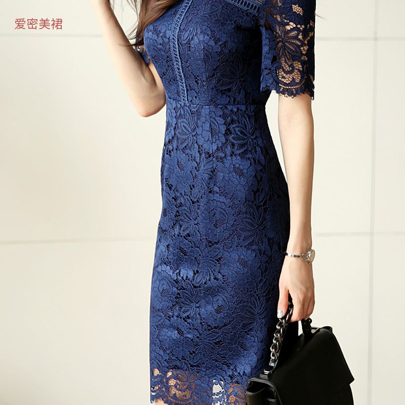 Đầm Ren Tay Ngắn Ôm Eo Màu Trơn Phong Cách Mới 2022 Dành Cho Nữ