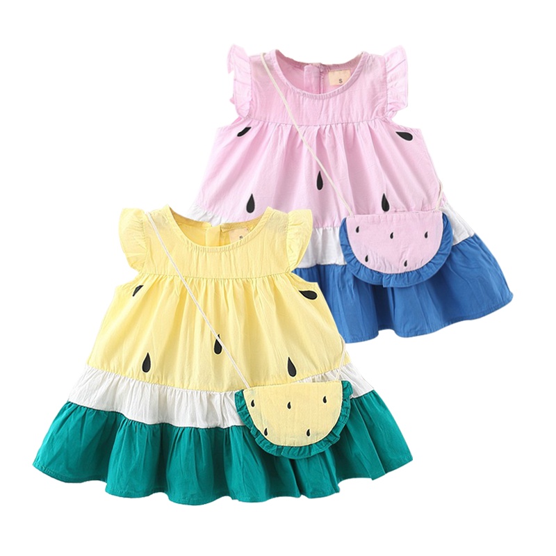 Đầm Cotton Trơn Họa Tiết Dưa Hấu Thời Trang Mùa Hè 2023 Mới Cho Bé Gái 0-3 Tuổi
