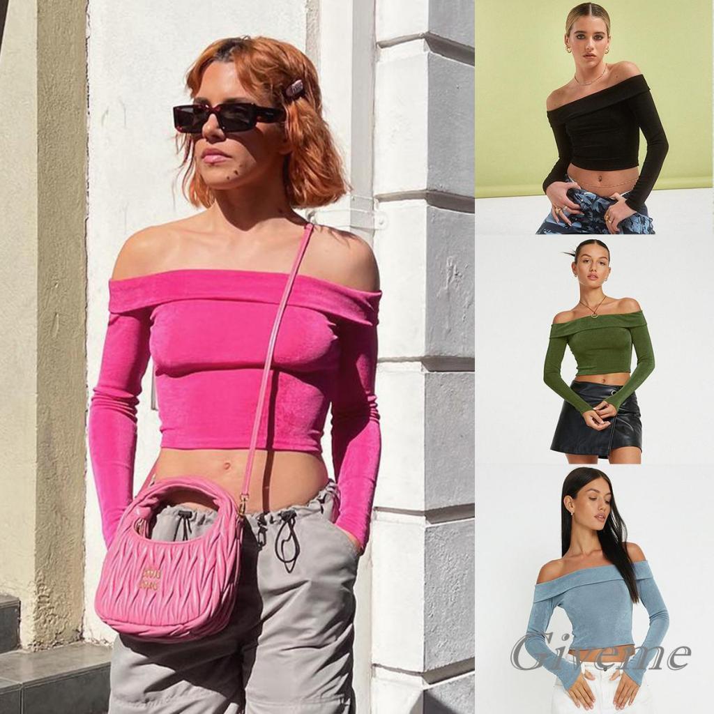 Áo Croptop Trễ Vai Tay Dài Màu Sắc Đơn Giản Cho Nữ