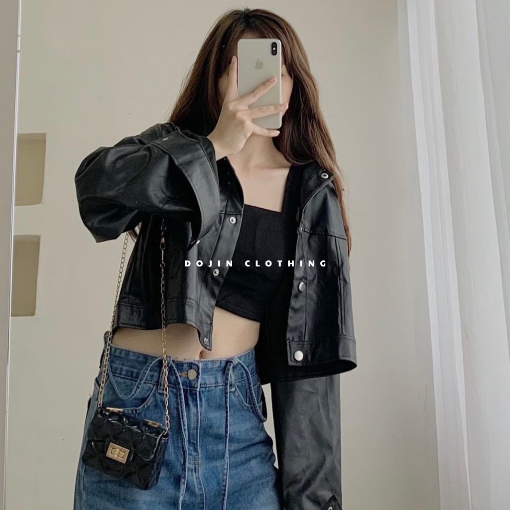 Áo khoác da dáng lửng màu đen style cá tính cool ngầu