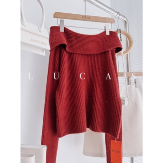 Áo len tăm đỏ trễ vai tay dài dáng basic