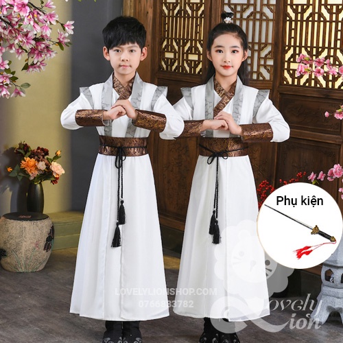 Hán phục nam nữ màu trắng cho bé + tặng phụ kiện như hình