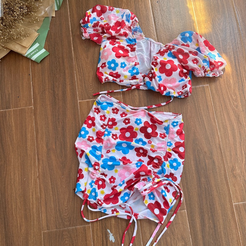 Bikini hoa đi biển đồ bơi nữ 3 mảnh sexy rút dây kín đáo tắm biển mùa hè GALASSIA