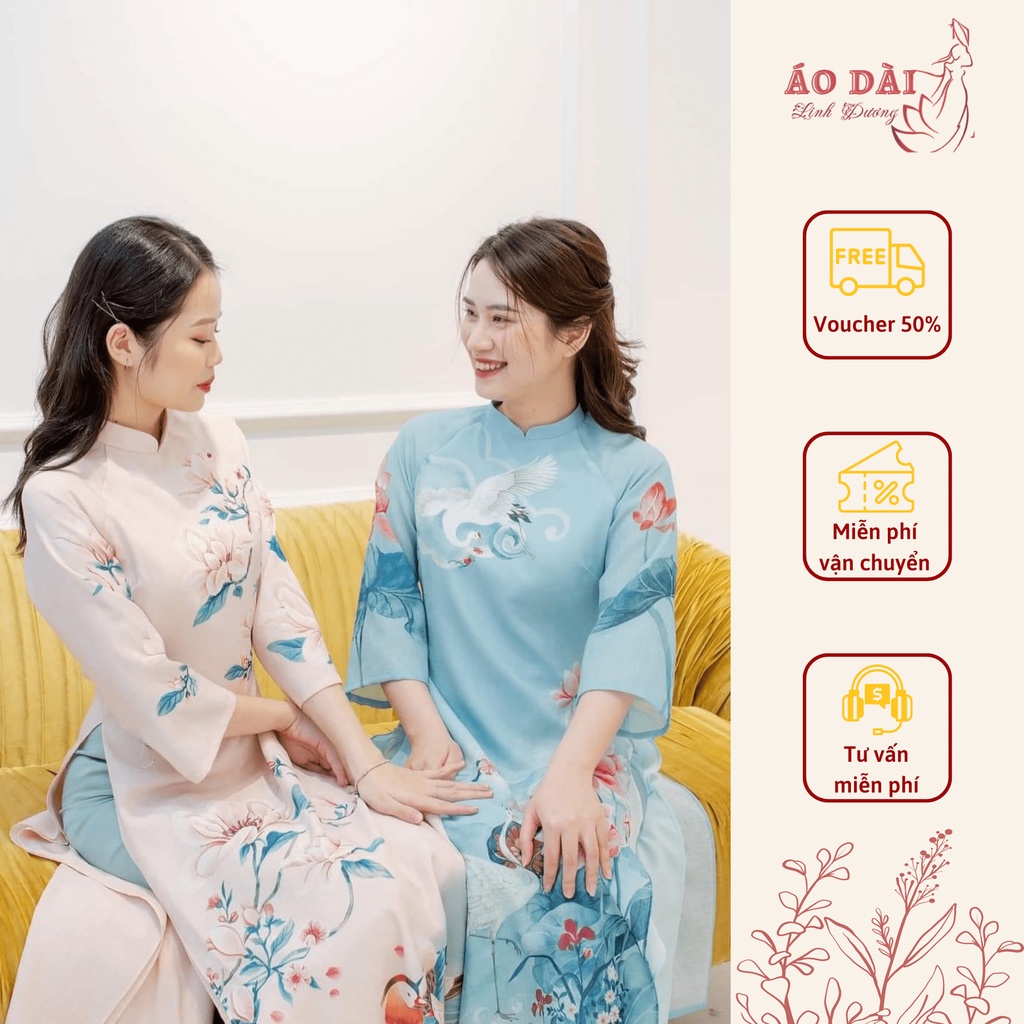 Áo dài nữ cách tân xanh ngọc in hoa 3D nhẹ nhàng tinh tế