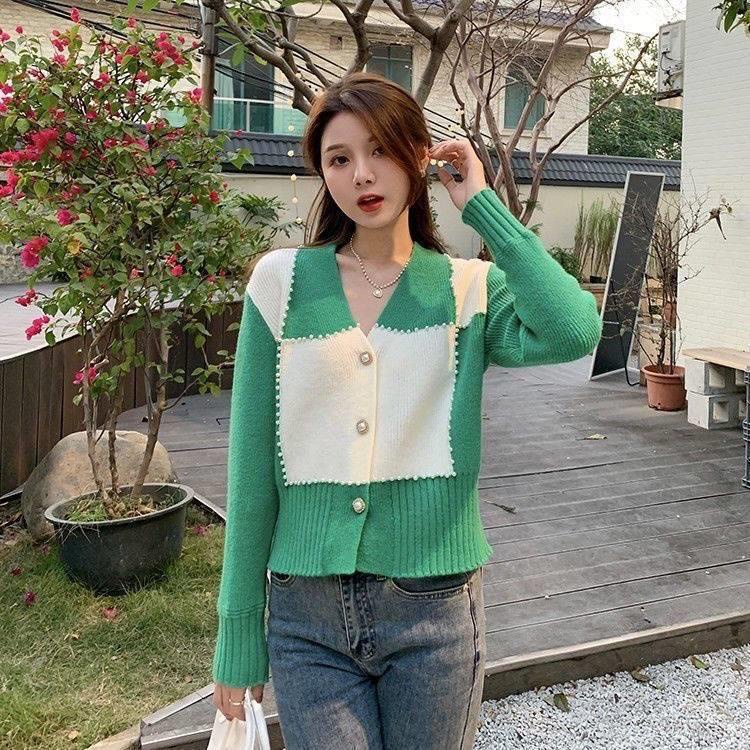 IELGY  Áo sweater Dệt Kim Khối Màu Công Nghiệp Giản Dị Nặng Cho Nữ