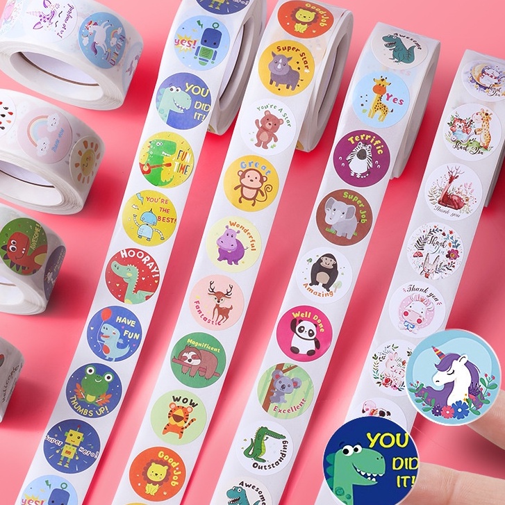 Cuộn 500 sticker, nhãn dán khích lệ khen thưởng họa tiết hoạt hình cute