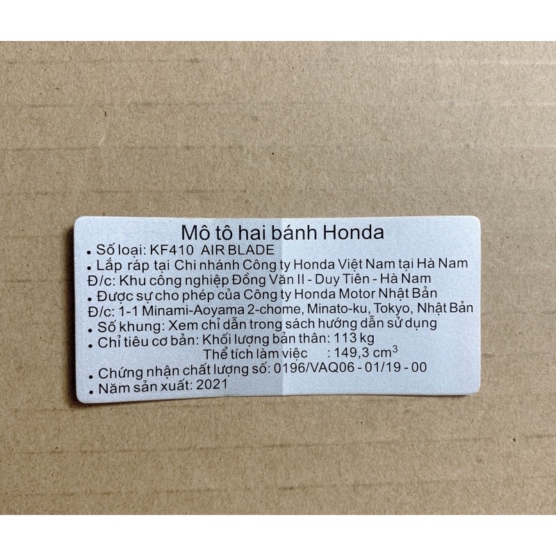 Tem năm sản xuất 2021 các dòng xe Honda .. Tem zin chuẩn hãng honda