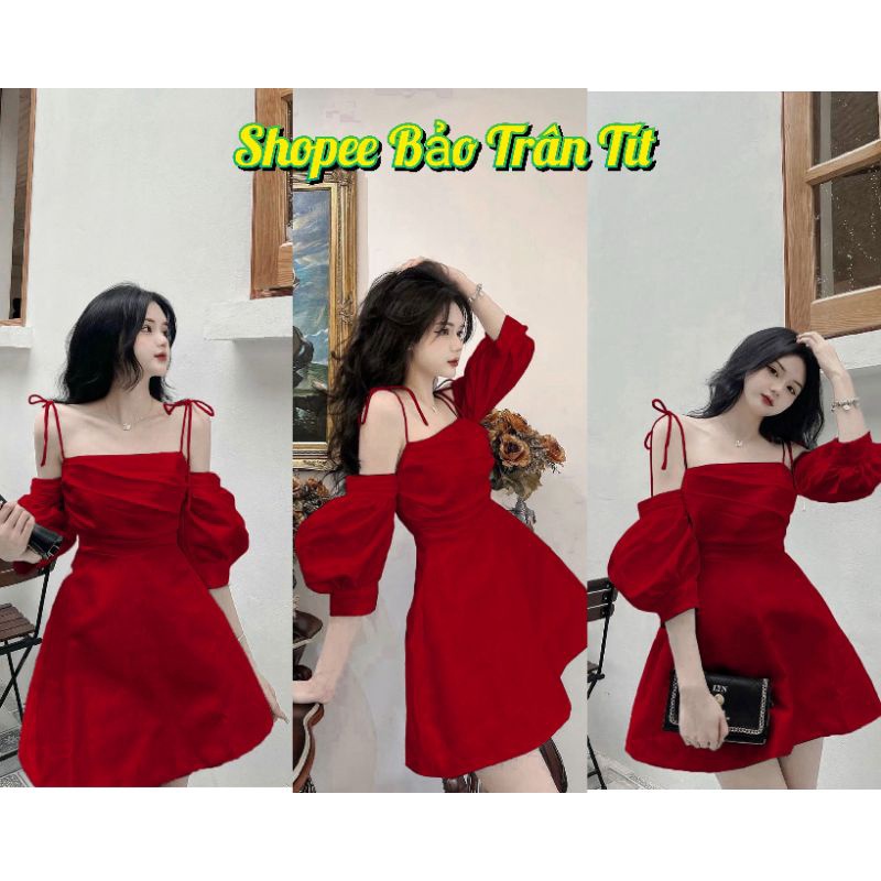 ĐẦM ĐỎ 2 DÂY RỚT TAY PHỒNG NGỰC XẾP LY