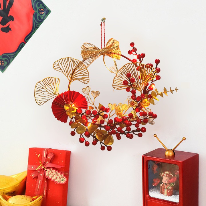 Vòng hoa đào đông đỏ trang trí Tết Tặng kèm đèn led đom đóm - Vòng hoa Tết treo tường đón tài lộc may mắn