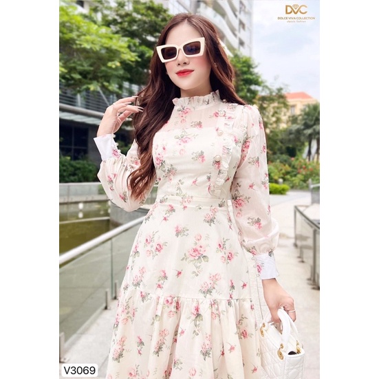 V3069 váy voan xoè hoa màu be dài tay