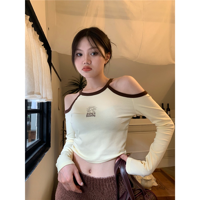 NRVP Áo kiểu nữ dài tay hở vai phong cách Hàn Quốc 2023