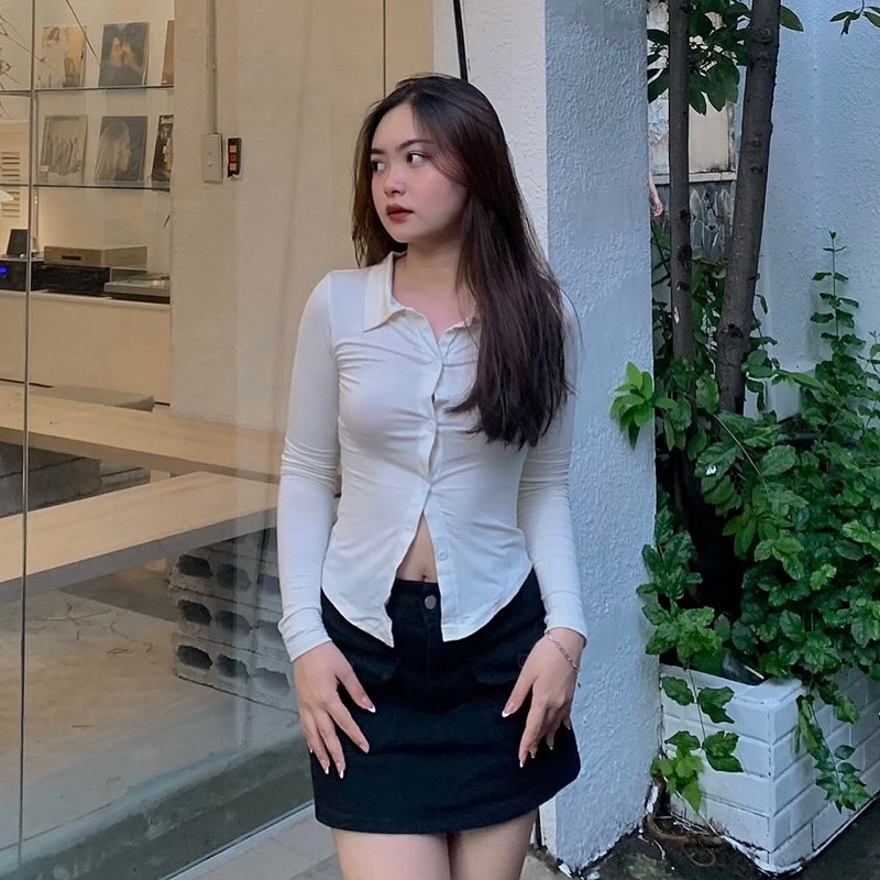 Áo gài nút cổ SƠ MI tay dài trắng, thun lạnh mát mỏng