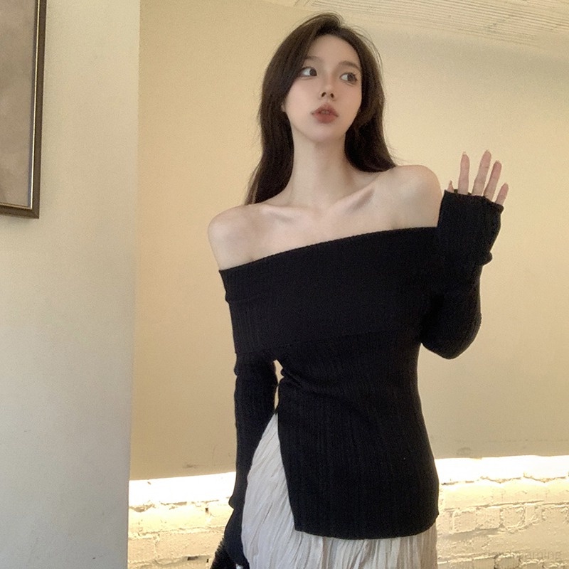 Áo Thun Dệt Kim Trễ Vai Xẻ Tà Dáng Ôm Thời Trang Cho Nữ