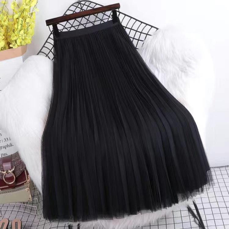 Chân Váy Lưới Xếp Ly Dáng Xòe Dài Lưng Cao Màu Trơn Dễ Phối Đồ