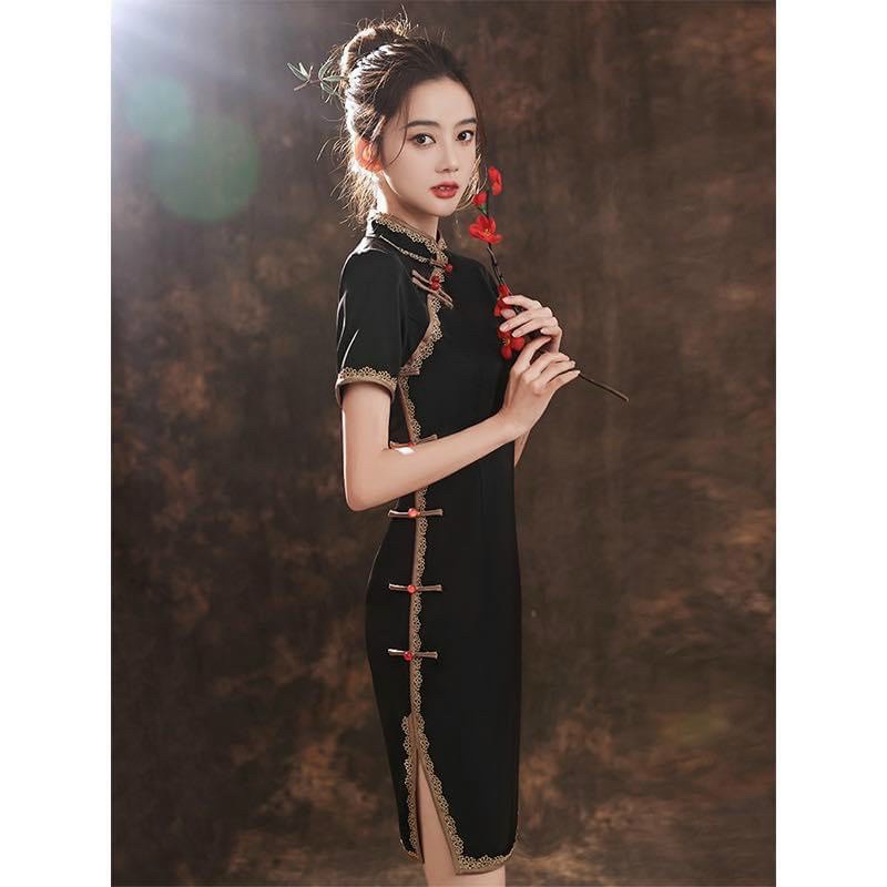 Đầm váy nữ sườn xám tone đen xẻ tà cách tân dáng chữ A  xinh xắn dành cho các nàng đi chơi