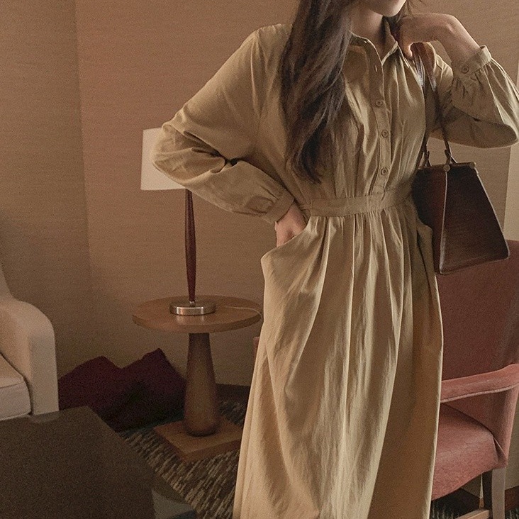 SUXI Đầm Sơ Mi Dài Tay Dáng Chữ A Màu Sắc Trơn Phong Cách Hàn Quốc