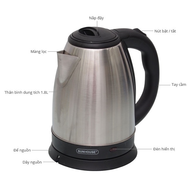 Ấm Đun Nước Siêu Tốc SunHouse - Bình Siêu Tốc Inox Chính Hãng 1.8L Bảo Hành 12 Tháng