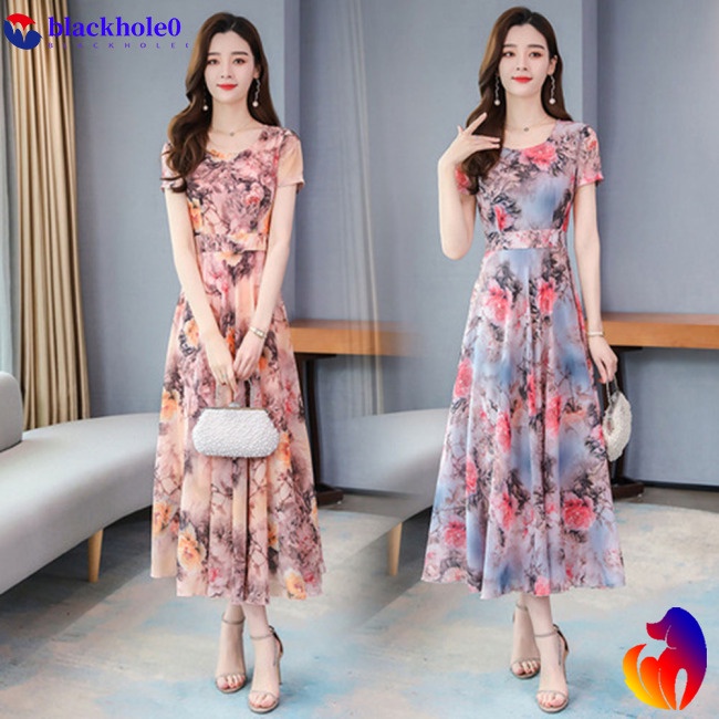 Đầm Dài Qua Gối Tay Ngắn In Họa Tiết Hoa Ngọt Ngào Lãng Mạn Cho Nữ