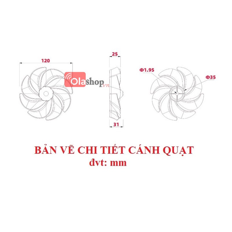 Cánh quạt 8 cánh mini đường kính 120mm trục 2mm
