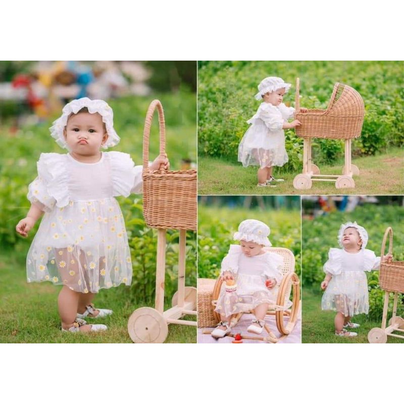 [kèm mũ] Body Váy Trắng Hoa Cúc Bé Gái 3 Đến 12kg