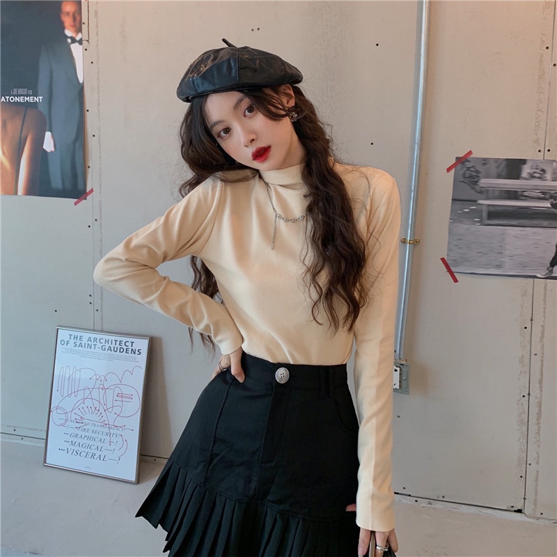 IELGY IELGY Áo Thun Nữ Dài Tay Cổ Lọ Màu Sắc Đơn Giản Phong Cách Hong Kong