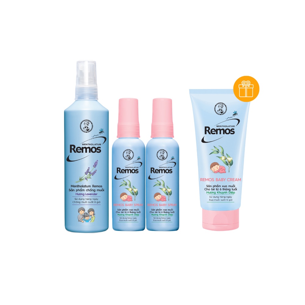 [VB] Bộ 3 sản phẩm Chống muỗi dạng xịt Remos:Remos Lavender 150ml+2 Remos Baby Spray 60ml+TẶNG Kem chống muỗi Remos Baby