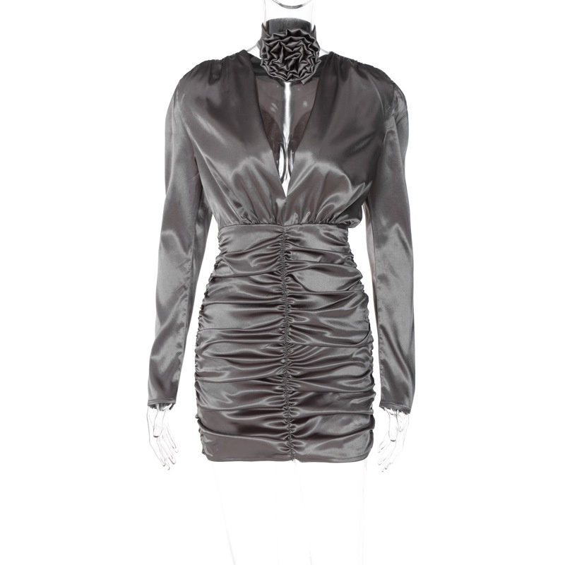 DUNEA Đầm dự tiệc vải satin tay dài cổ chữ V xếp ly xinh xắn dành cho nữ