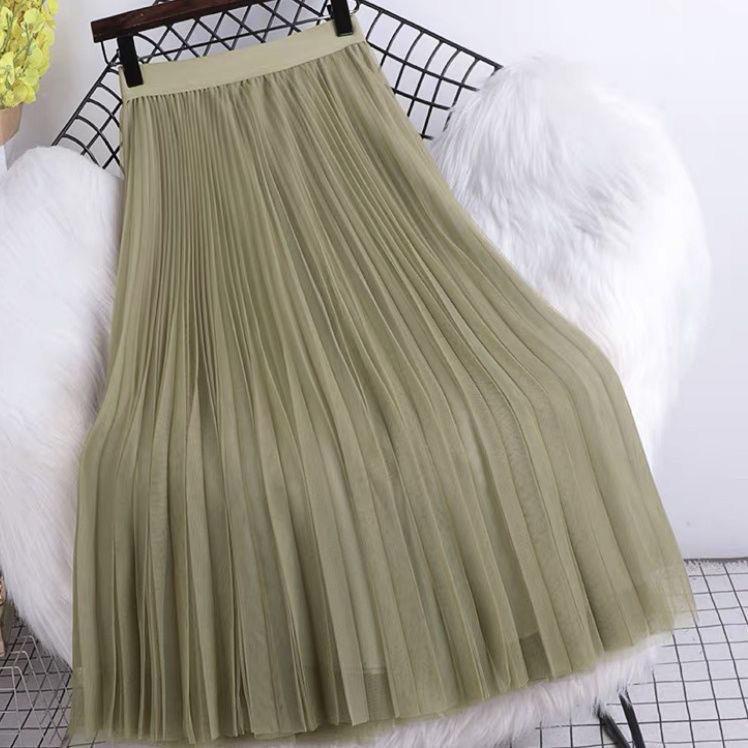 Chân Váy Lưới Xếp Ly Dáng Xòe Dài Lưng Cao Màu Trơn Dễ Phối Đồ