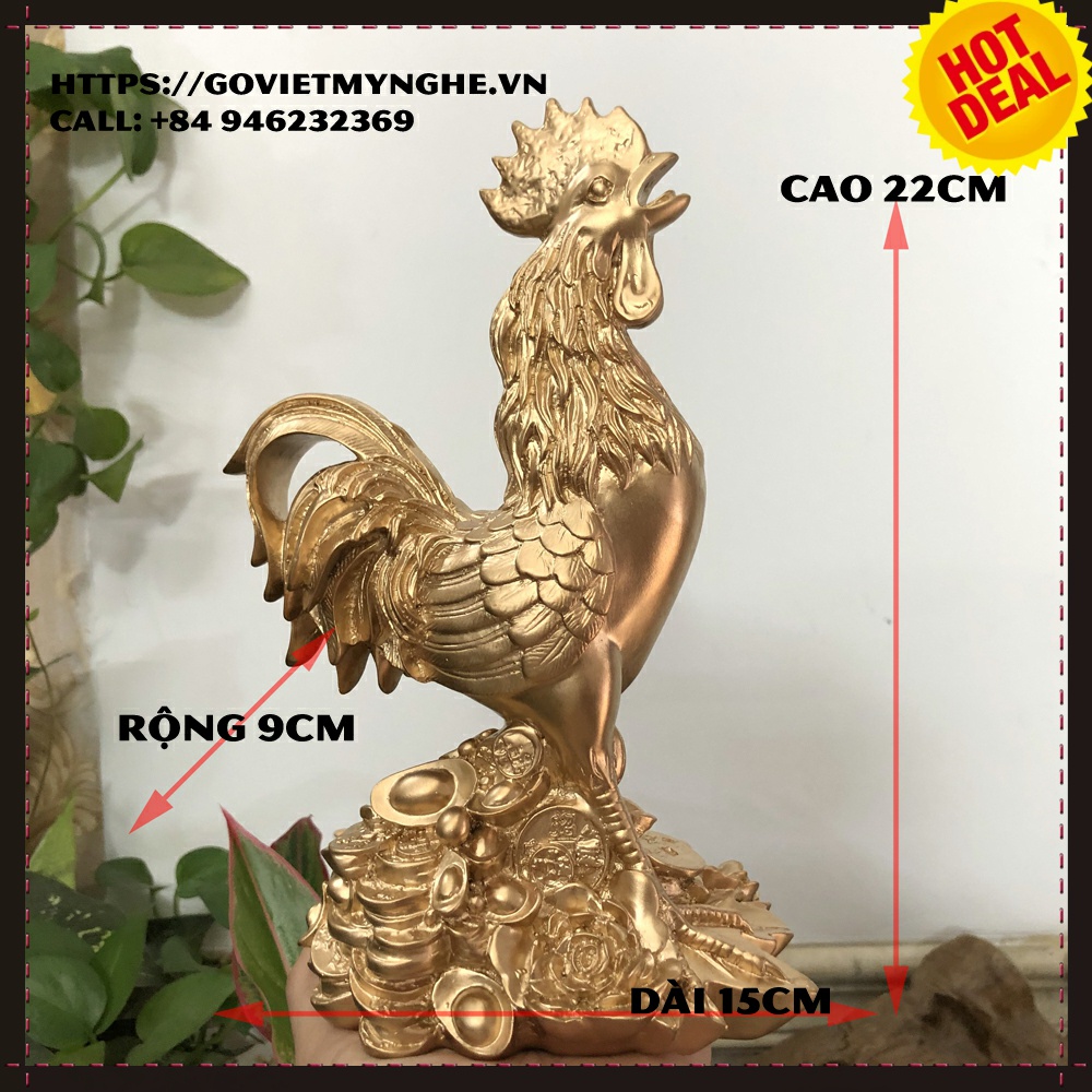 Tượng đá con gà trống phong thủy mang may mắn cho gia chủ - Cao 22cm - Màu nhũ đồng