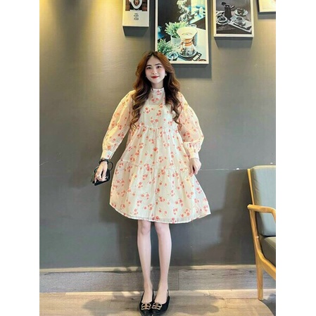 (Sale FreeShip) Đầm babydoll nữ tay dài,đầm tiểu thư hoa nhí xinh xĩu,chất lụa mềm diện đi đâu cũng xinh